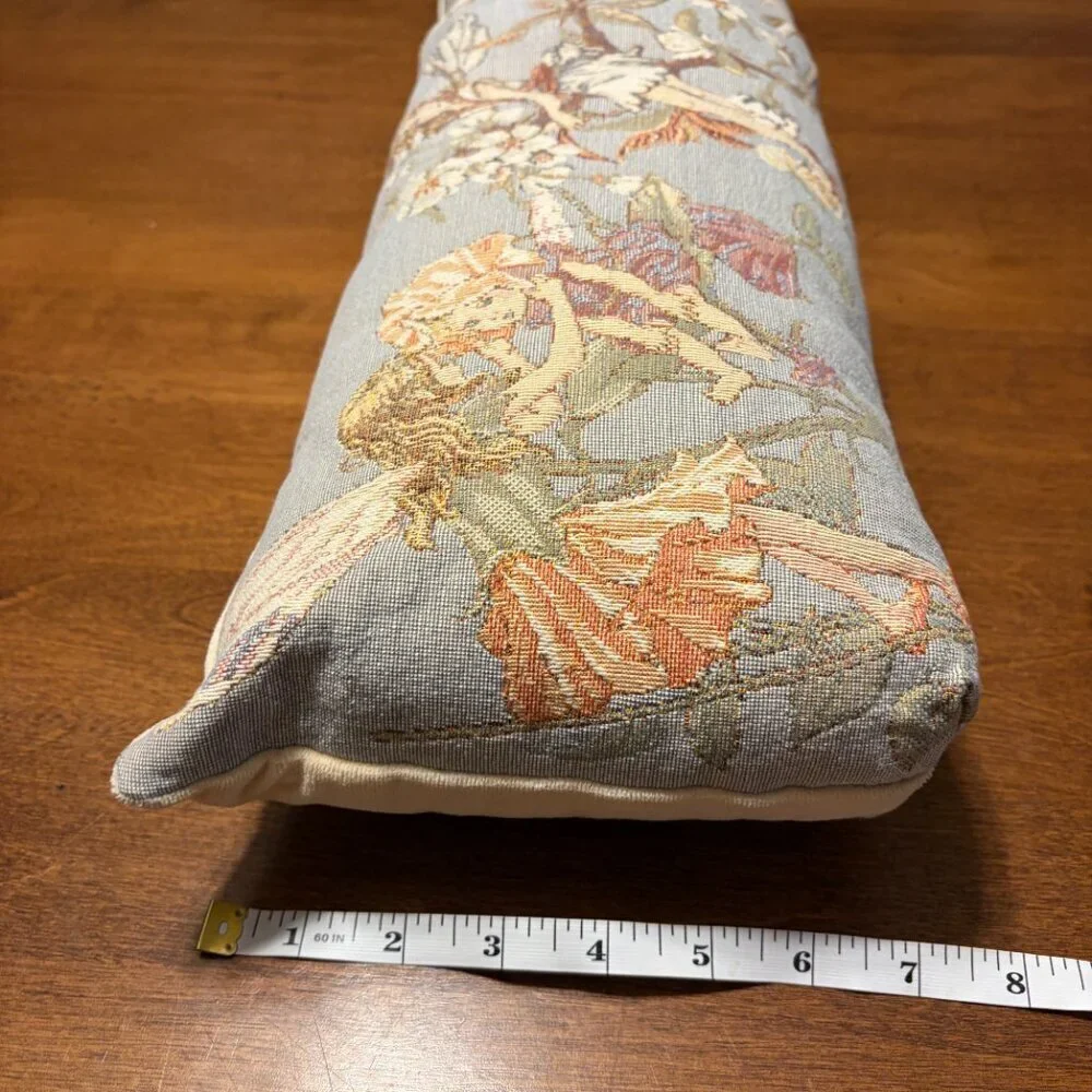 Belgian tapestry lumbar pillow Flemish flower fairies blue green